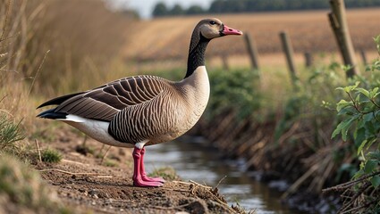 Egyptian goose calling from low perch near orchard ditch