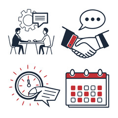 Business meeting handshake clock calendar and conversation icons representing teamwork and collaboration