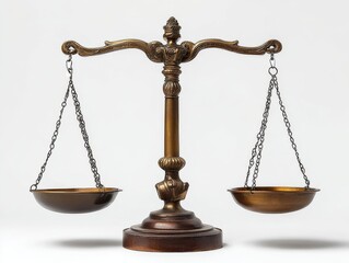 Bronze balance scale with ornate design and empty pans on a white background