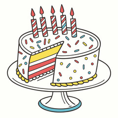 A colorful layered birthday cake with five striped candles and a slice removed on a cake stand