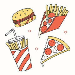 A vibrant and fun illustration of fast food items including pizza slices a hamburger and french fries with a drink