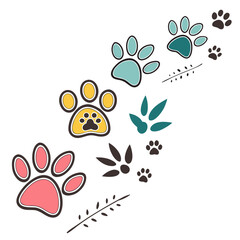 Collection of colorful cartoon paw prints and delicate plant sprigs on a white background