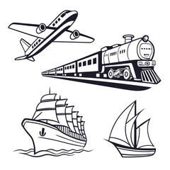 Collection of diverse transportation vehicles including an airplane train cargo ship and sailboat on a white background