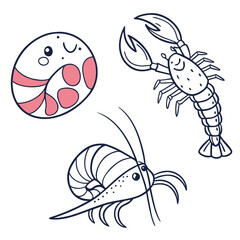 Cute cartoon outline drawings of a lobster shrimp and a round sea creature with pink spots