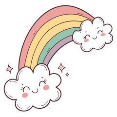 Cute cartoon rainbow with smiling clouds and sparkling stars in pastel colors on a white background