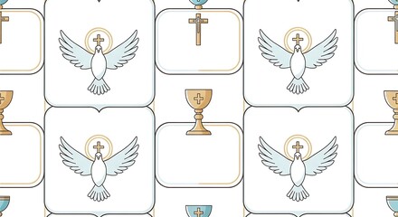 Seamless Pattern with Christian Religion Icons – Vector Illustration of Dove, Chalice, and Cross, Perfect for Wrapping Paper, Greeting Cards, and Religious Invitations