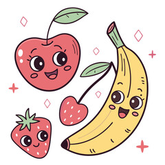 Cute kawaii cartoon characters banana strawberry and cherries with happy faces and sparkles
