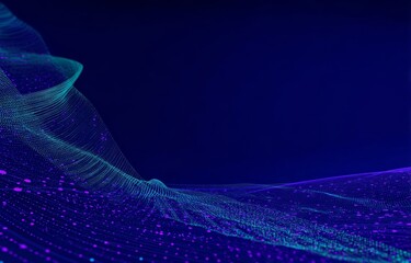 Abstract digital wave pattern with glowing particles and flowing lines on a dark blue background