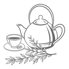Elegant line art illustration of a teapot and cup with fresh tea leaves and beans for a refreshing beverage