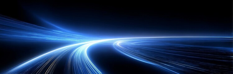 Abstract blue light trails forming a curved path against a dark background, suggesting motion and speed.