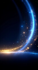 A cosmic scene featuring a glowing blue arc with sparkling particles and a radiant golden horizon against a dark space background.