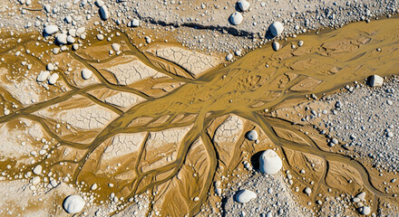 A Braided River Channel Splitting in a Rocky Bed

A stunning high-angle view of a braided river splitting into multiple smaller channels as it flows over a rocky, dry riverbed