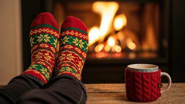 Cozy winter evening with colorful Christmas socks by the fireplace and a warm mug resting on a wooden table. Relaxing atmosphere creates comfort for festive gatherings and holidays.