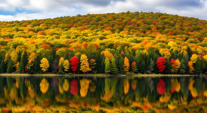 Colorful autumn hillside reflected in calm lake, panoramic fall treeline with vivid red, orange and yellow foliage