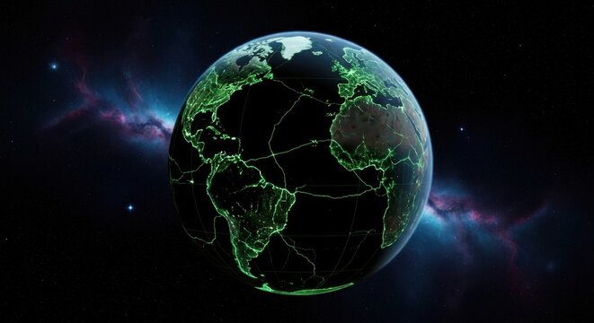 Futuristic Digital Earth Globe with Green Network Lines in Outer Space