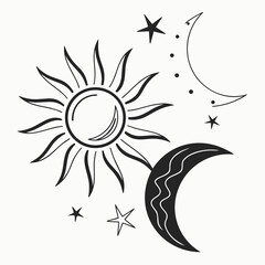 Obraz premium Stylized celestial bodies including a sun crescent moons and stars in a whimsical black and white illustration