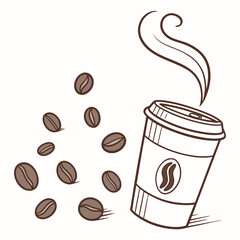Stylized hand drawn illustration of a steaming coffee cup with scattered coffee beans on a white background