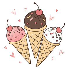 Three delicious ice cream cones with cherries on top surrounded by cute pink hearts on a white background
