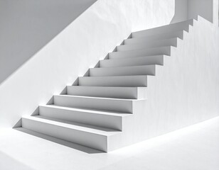 Naklejka premium Clean white concrete staircase casting sharp shadows, abstract geometry.