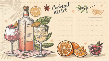 Vintage-Style Illustrated Cocktail Recipe Chart on Textured Paper Background with Copy Space