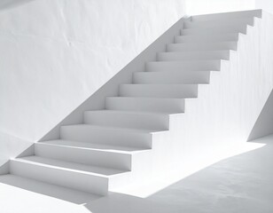 Clean white concrete staircase casting sharp shadows, abstract geometry.
