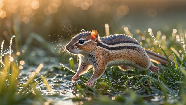 European water shrew running through dewy grass at dawn