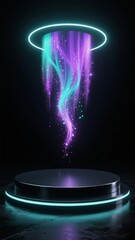 Neon light particles flow from a glowing ring into a circular platform on a dark background