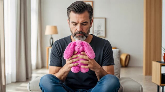 Man holding pink bunny stuffed toy while sitting on couch in living room, showing emotional connection. The man reflects on memories with the pink bunny, symbolizing nostalgia and warmth.