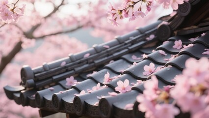 Pink cherry blossoms frame a traditional tiled roof in soft focus