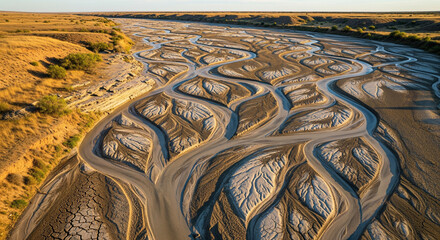 Braided River System in the Golden Hour, Southern New Zealand

An aerial view of a braided river system with multiple interwoven channels flowing through a dry