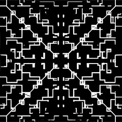 Abstract symmetrical pattern with white lines on a black background creating a maze like appearance