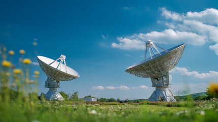 Two large satellite dishes in a grassy field under a blue sky with fluffy clouds