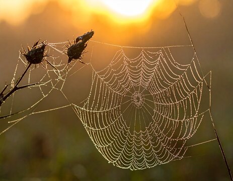 Dew drops on spider web glowing in morning sunlight.
