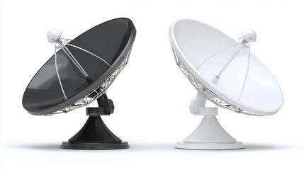 Black and white satellite dishes side by side on white background a technology image