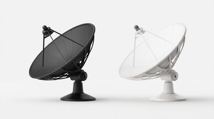 Two satellite dishes one black one white on white background