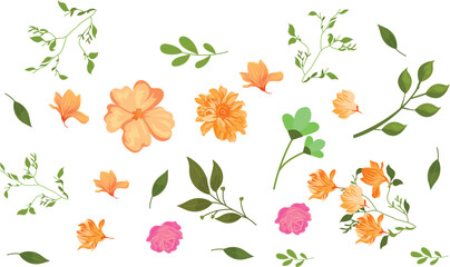 Collection of spring colorful flower elements vector. Set floral of wildflower, leaf branch, foliage on white background. Hand drawn blossom illustration for decor, easter, thanksgiving