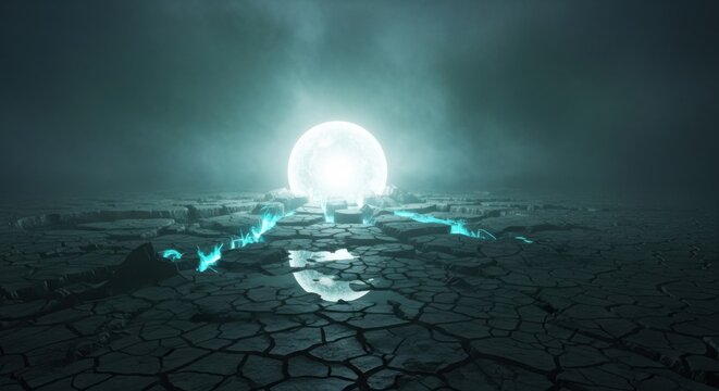 Futuristic Landscape with Cracked Earth and Glowing Full Moon in Mystical Night Scene