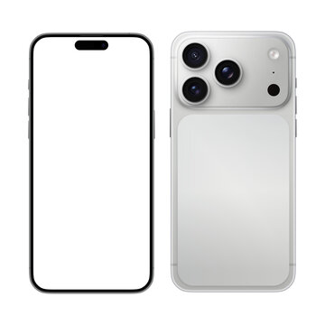 Smartphone similar 17 pro max front back mockup white with blank white screen mobile app on Transparent Background.