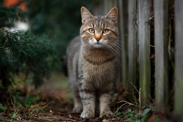 Obraz premium Tabby cat stands alert between a fir tree and a weathered fence with a focused direct gaze and detailed fur texture