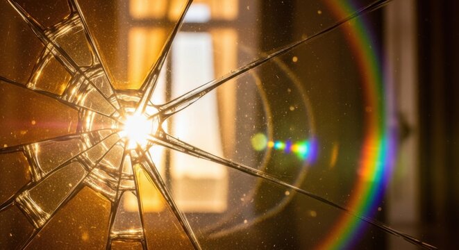 Broken Glass Shattered Window with Sunlight and Rainbow Light Effect - Powered by Adobe