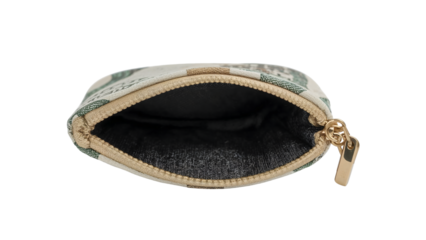 Open small zippered coin pouch with money print design and gold zipper pull on the transparent background, empty canvas purse