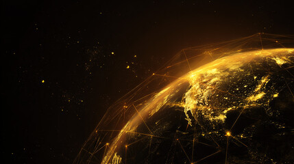 Obraz premium satellite. Satellite view of Earth with golden connection points, abstract digital networks against deep space. product launch decks.