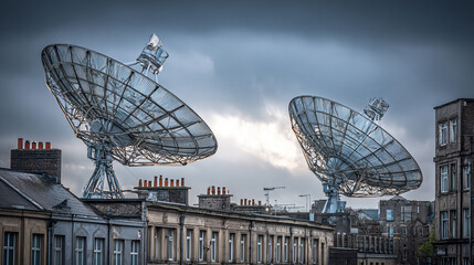 Two large satellite dishes on city rooftops under a cloudy sky