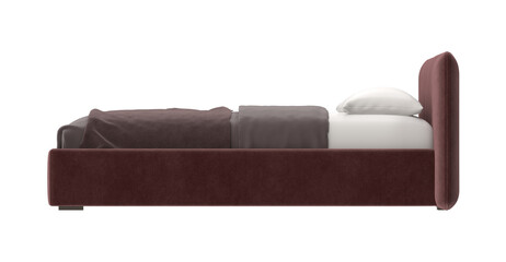 A modern bed with a burgundy headboard and cozy bedding. The image focuses on the elegance of the design and the comfort it promises