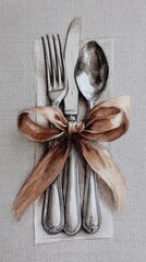 Watercolor illustration of fork knife and spoon tied together with brown ribbon on textured background