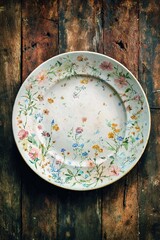 Vintage ceramic plate with colorful floral decoration placed on rustic wooden surface