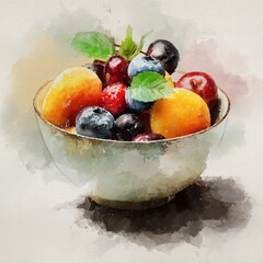 Watercolor illustration of a ceramic bowl filled with fresh fruits including berries cherries and apricots