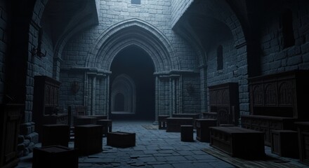 Obraz premium Dark Medieval Castle Interior with Stone Walls Wooden Benches and Arched Doorways