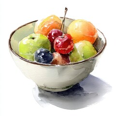 Watercolor painting of a ceramic bowl filled with fresh fruits including apples cherries plums and apricots