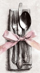 Artistic illustration of fork knife and spoon placed on folded napkin and tied with pink ribbon